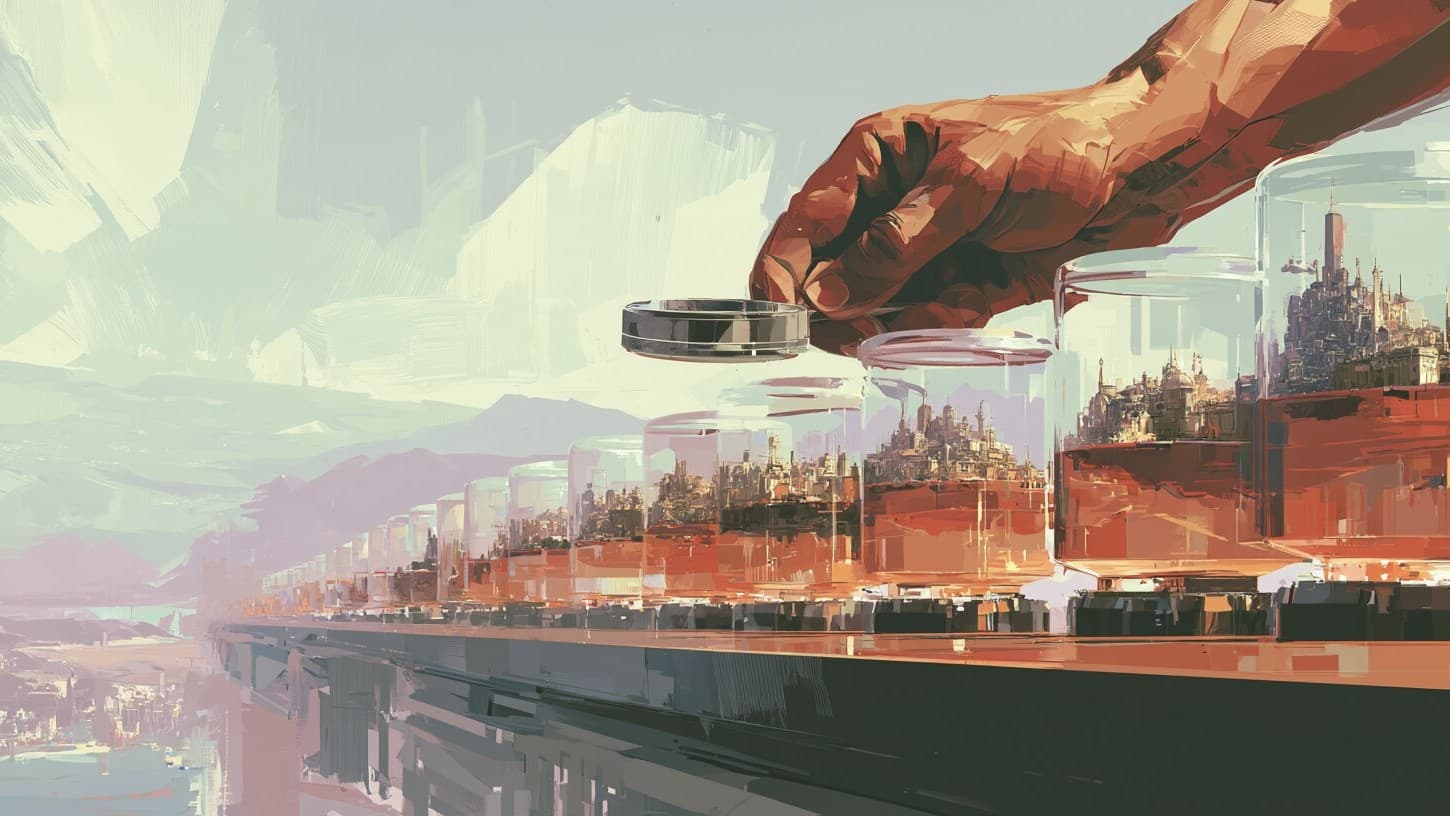A hand holding a magnifier over a train of glass carriages, each carrying a city