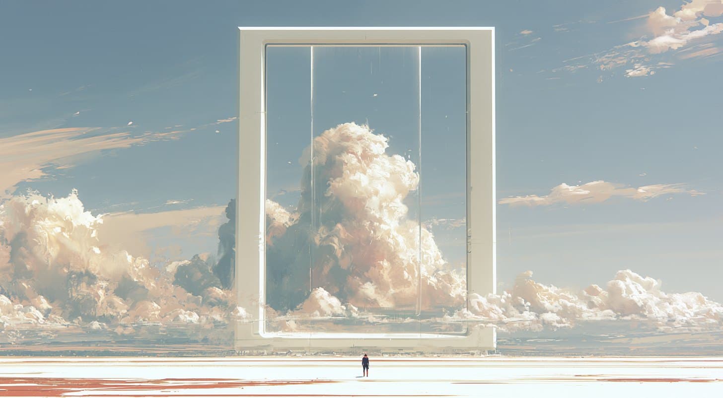 A white frame the height of a building standing on a pale plain, a cloud drifting through it, one small figure looking up