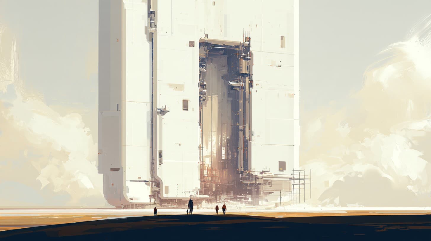 A white monolith opened like a book, people walking in